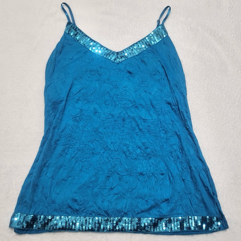 Y2K Blue Sequin Cami‎ Tank Top Disco Crinkle Turquoise Aqua Women’s size Large